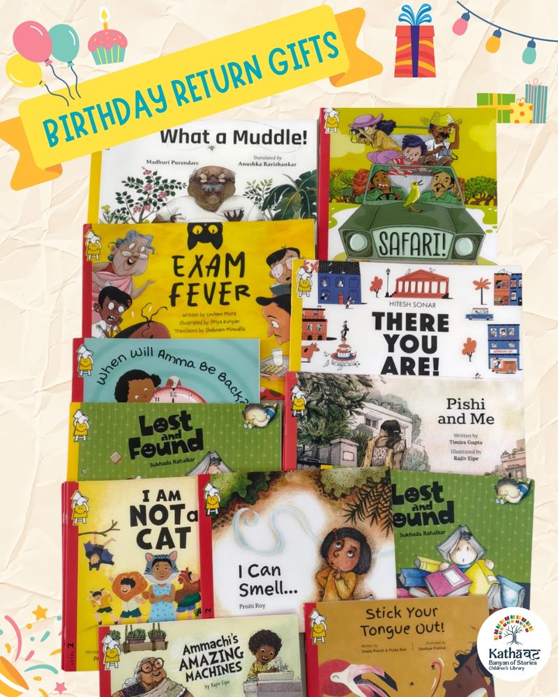 A spread of colourful Indian picture books curated as birthday return gifts